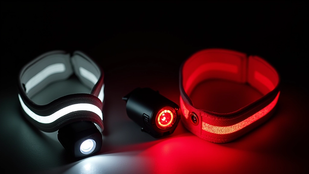 Luces LED roja y blanca para bicicleta montadas en los extremos, junto a brazaletes reflectantes brillantes sobre una mesa negra