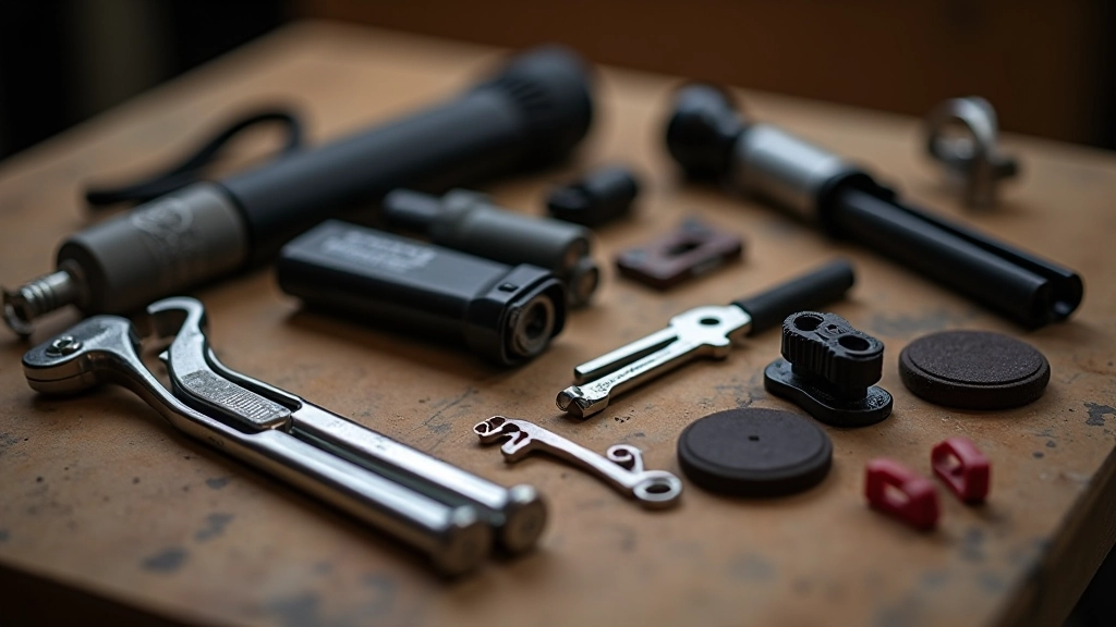 Kit de herramientas básicas para bicicleta: llaves Allen, palancas para neumáticos, bomba portátil y parches, organizados sobre una bolsa de herramientas