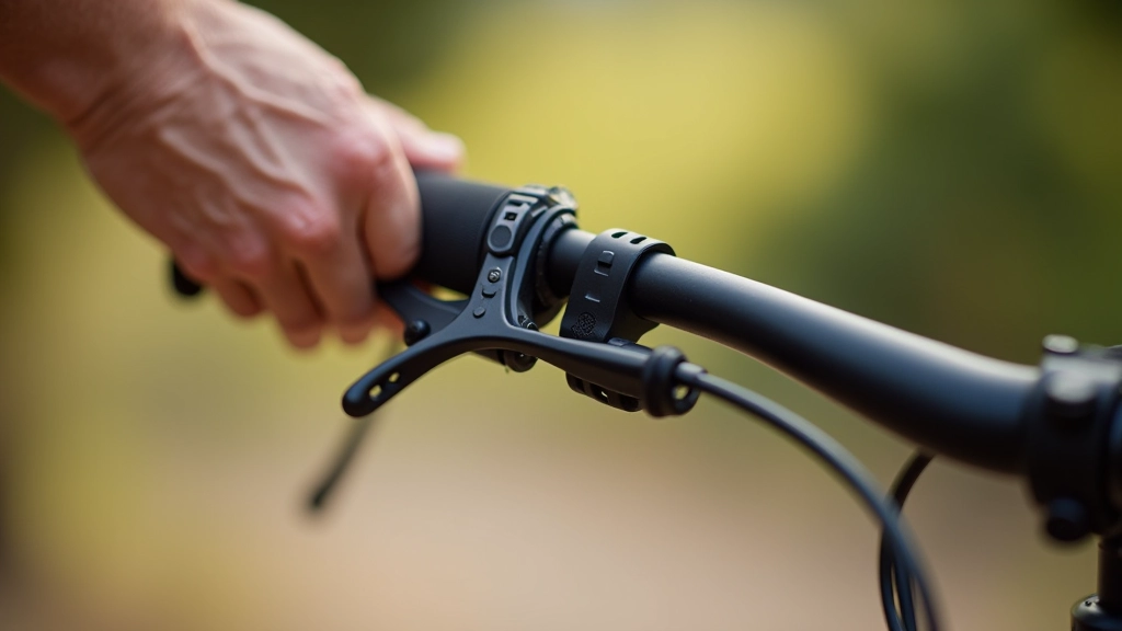 Primer plano de un manillar de bicicleta ergonómico con grip texturizado, mostrando el ángulo cómodo de la empuñadura