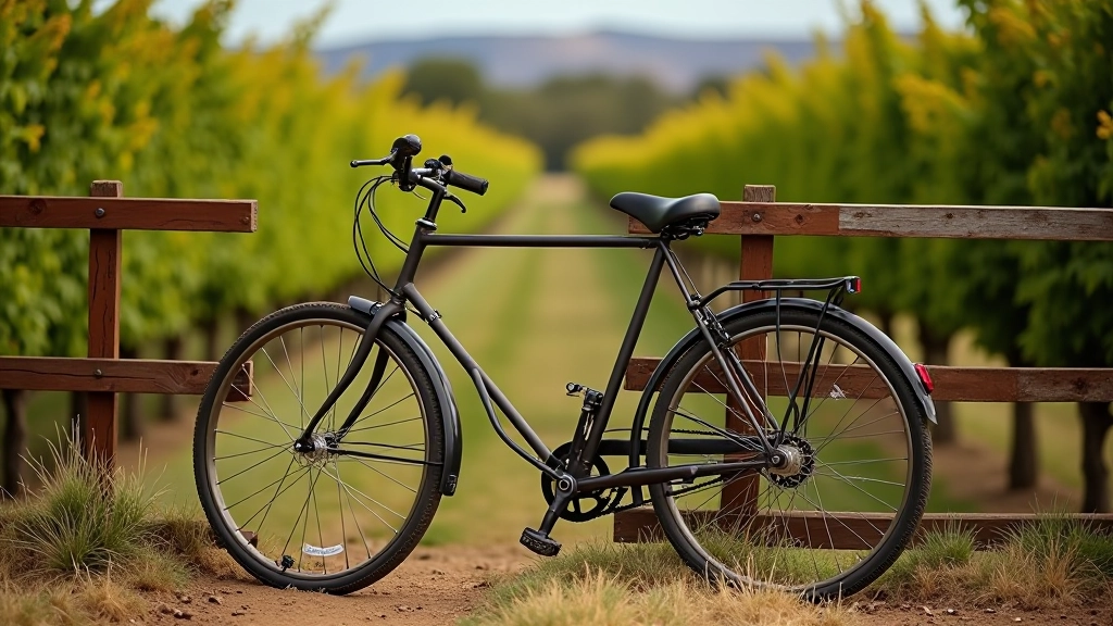 Bicicleta vintage de confort apoyada contra una valla de bodega, con viñedos verdes al fondo