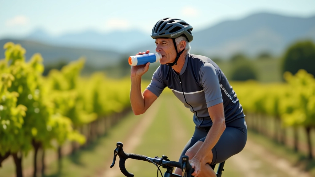 Ciclista bebiendo agua de una botella deportiva durante un descanso en una ruta arbolada de viñedos