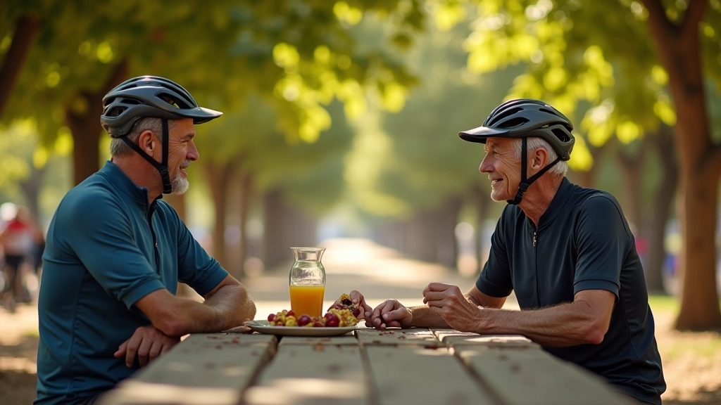 Grupo de ciclistas descansando en una zona de picnic arbolada, comiendo snacks y bebiendo agua