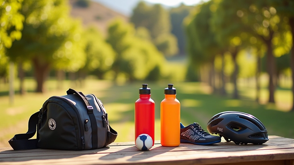 Diferentes botellas de agua y mochilas de hidratación para ciclismo exhibidas en una mesa de picnic de madera