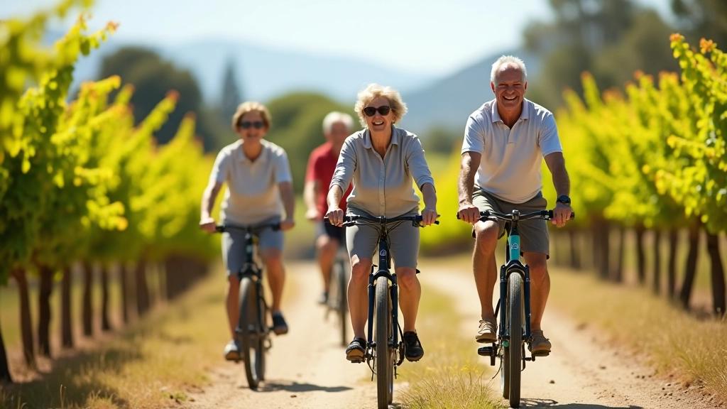 Grupo de personas mayores en bicicleta en ruta de viñedos