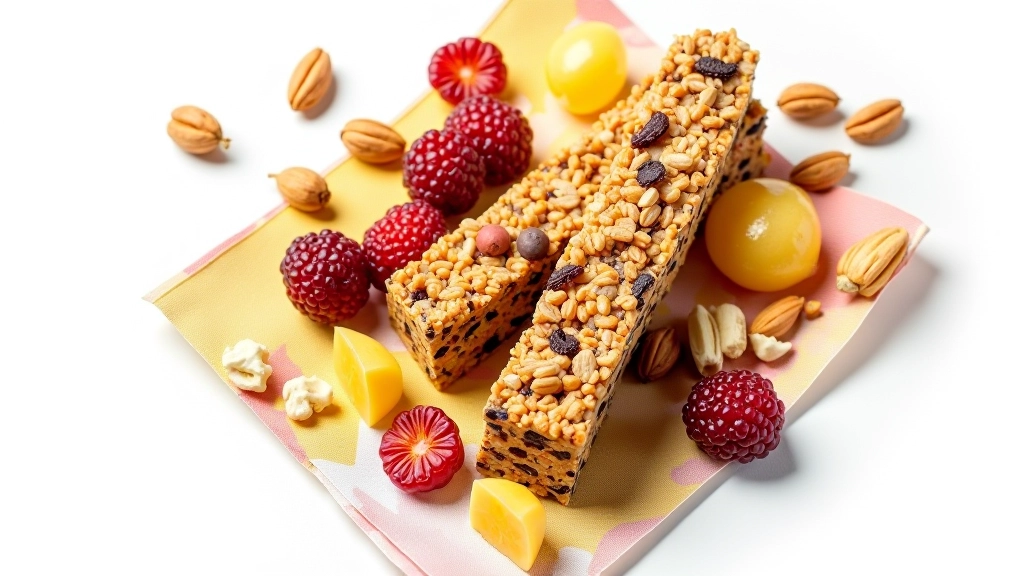 Variedad de snacks saludables para ciclismo incluyendo frutos secos, barras de cereal y frutas secas en bolsas pequeñas