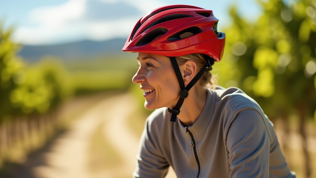 Casco de ciclismo rojo sobre una bicicleta, mostrando el ajuste correcto con las correas bien posicionadas en forma de V bajo el mentón