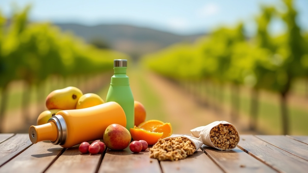 Botella de agua y snacks saludables en una mochila de ciclista sobre una mesa de madera al aire libre