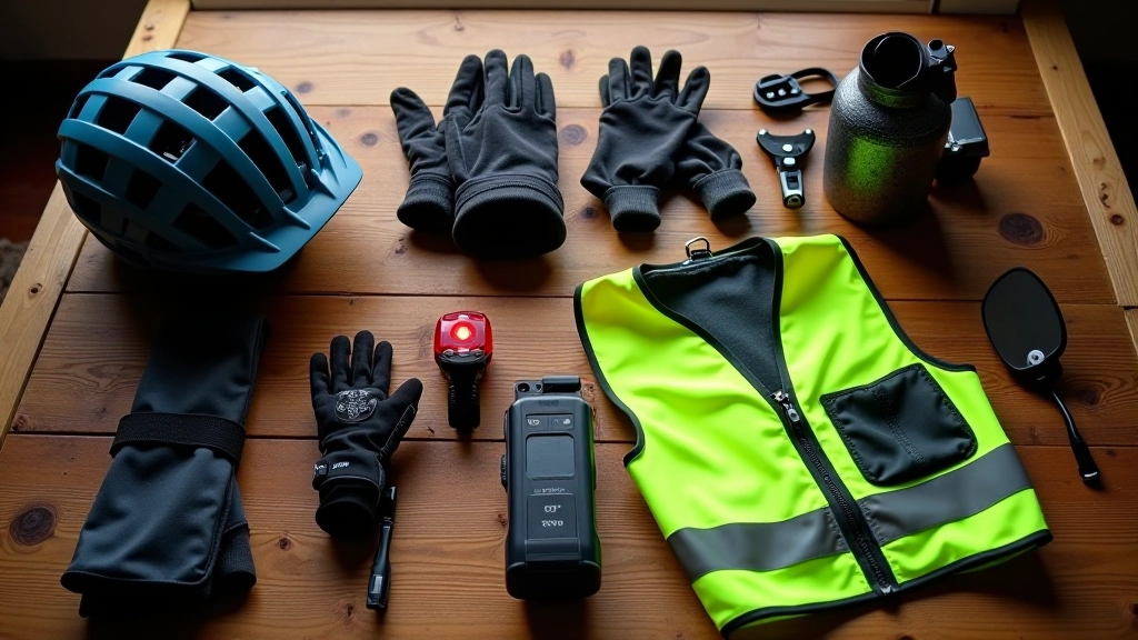 Variedad de equipos de seguridad para bicicleta dispuestos sobre una mesa de madera: casco rojo, guantes, luces LED y espejo retrovisor