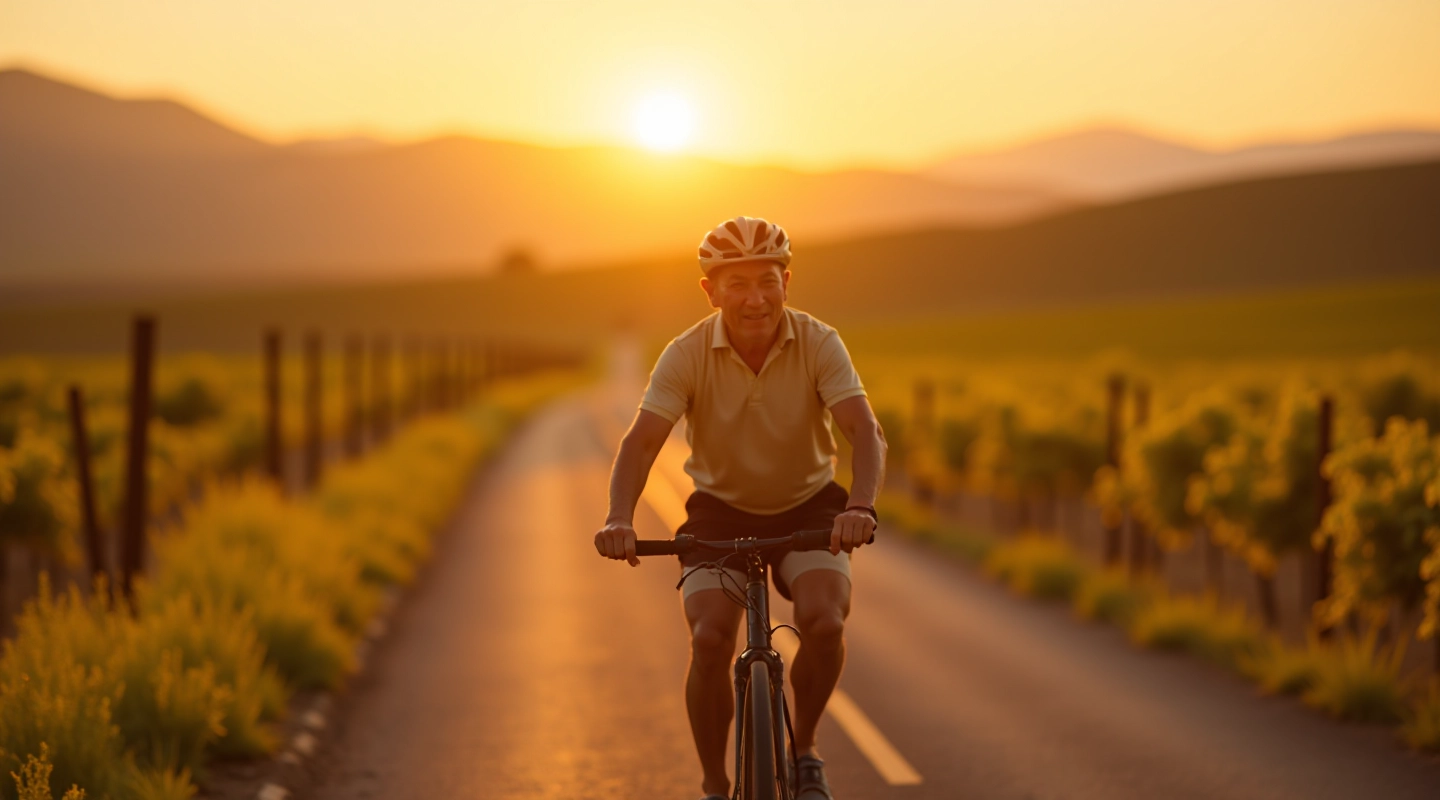 Ciclista mayor disfrutando de una ruta escénica entre viñedos al atardecer en Mendoza