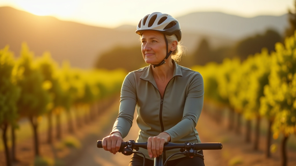 Ciclista sonriente ajustando el manillar de su bicicleta de paseo en una ciclovía entre viñedos de Mendoza, luz natural de tarde