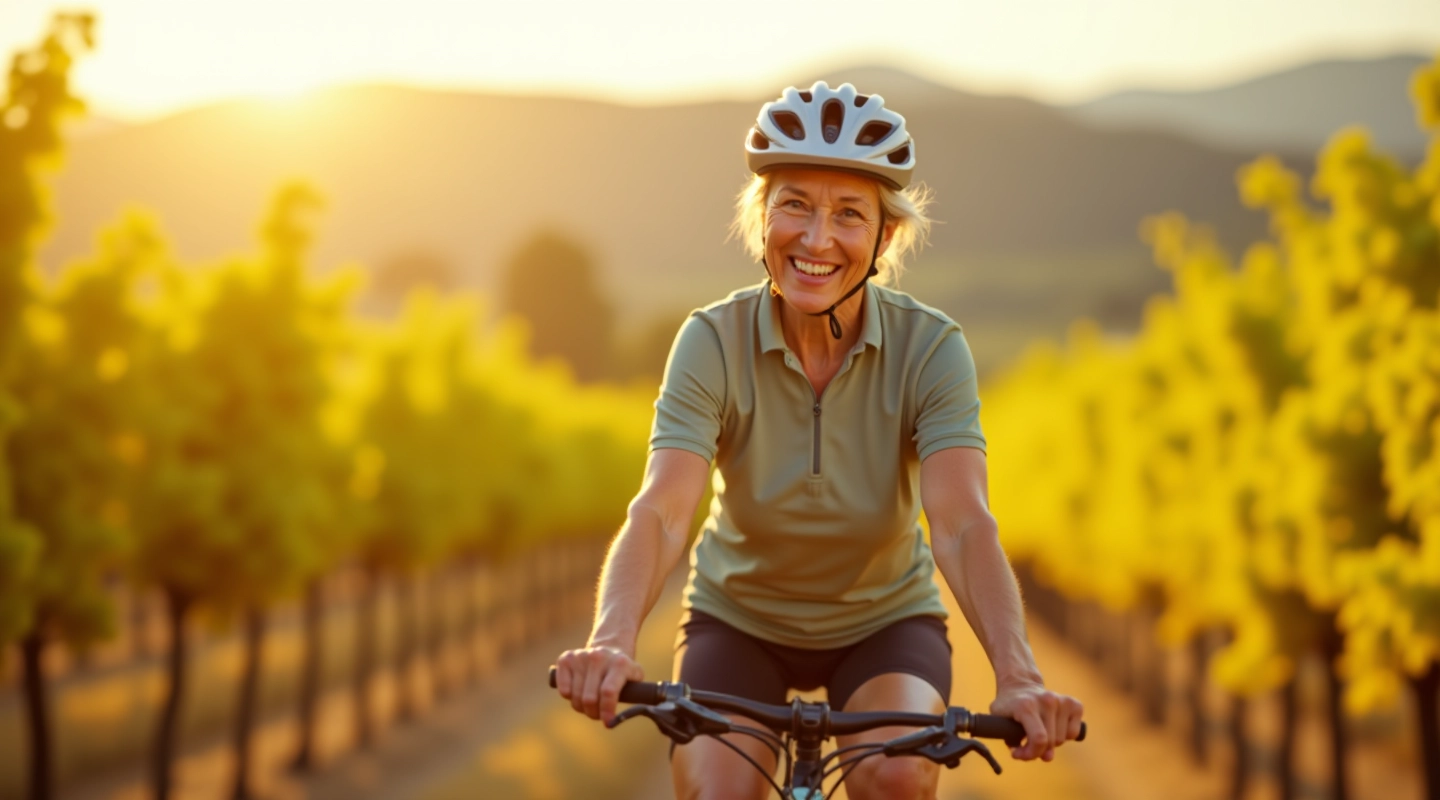 Ciclista mayor disfrutando de un recorrido entre viñedos en una tarde soleada de Mendoza